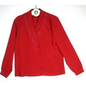 Vintage Women's Red Long Sleeve Double-breasted Blouse - Suburbans - Size 10